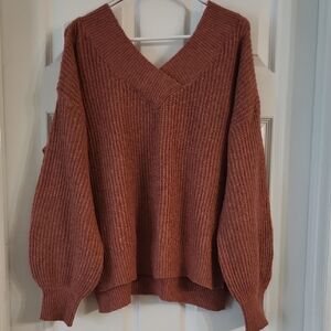 Pink Rose Cozy V-Neck Rust Sweater